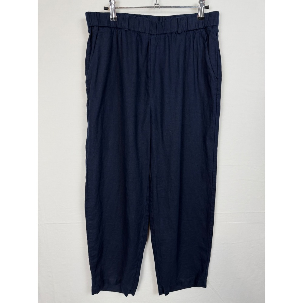 Quince Women 100% Linen Pants Size M Navy Blue Elastic Waist Tapered Trousers